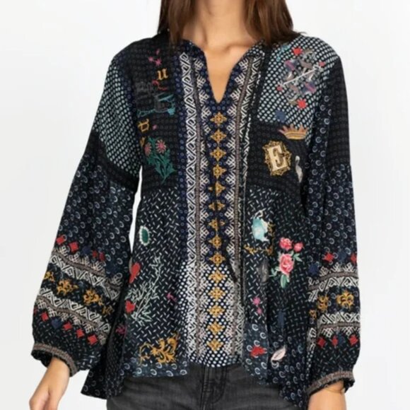 Johnny Was Tops - Johnny Was RARE Biya Wonder Blouse Alice In Wonderland 100% Silk S